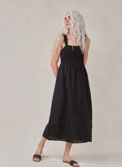 Gesmokte Linnen Midi-Jurk - Zwart>Bella Dahl Fashion
