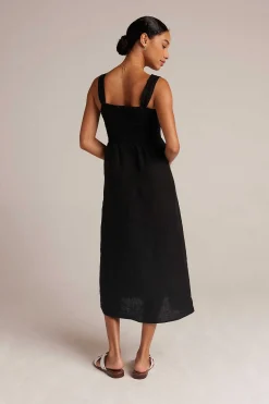 Gesmokte Linnen Midi-Jurk - Zwart><noscript><img width=
