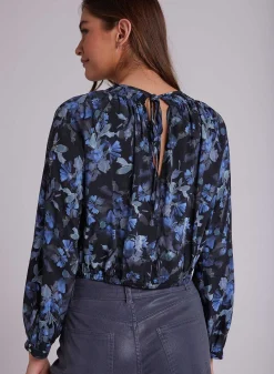 Gesmokte Top Met Gebloemde Achterkant En Matte Bloemenprint><noscript><img width=