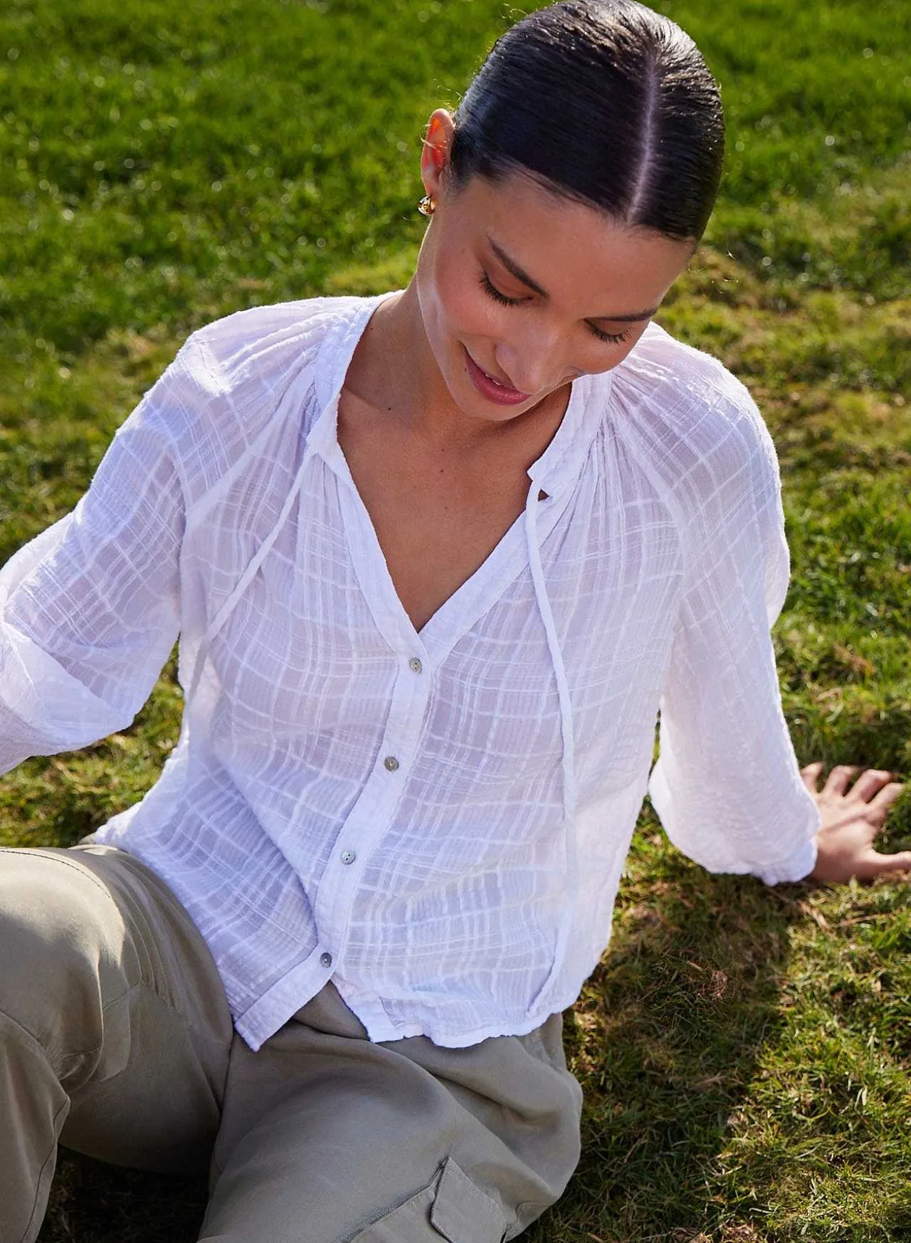 Geweven Geruite Raglanblouse - Wit>Bella Dahl Best
