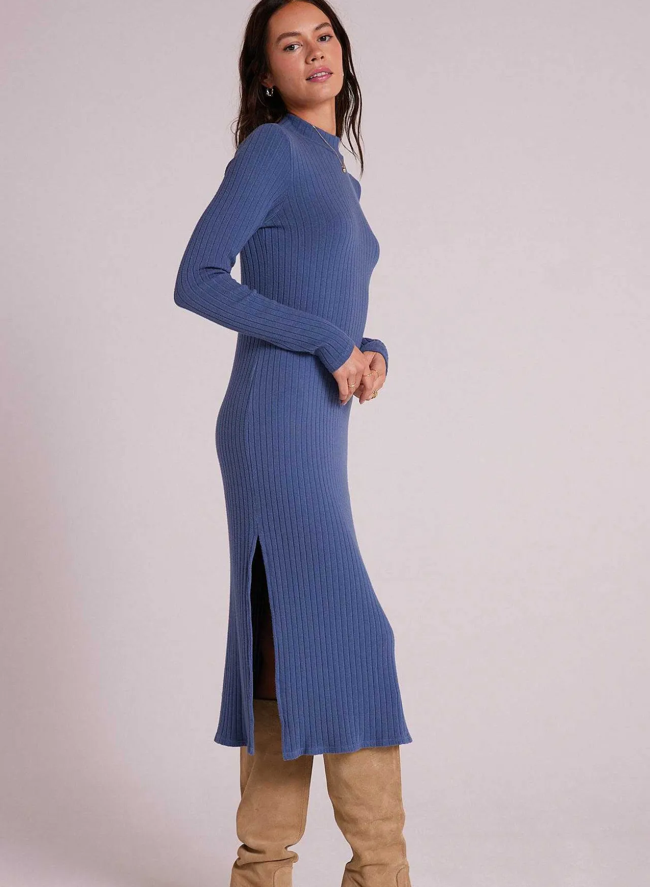 Halflange Gebreide Jurk Met Opstaande Hals - Blauw Staal>Bella Dahl Outlet